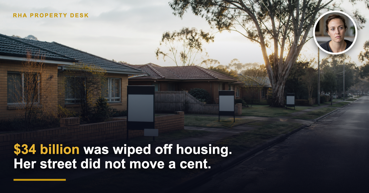 Australian suburban street at sunrise with multiple for sale signs on modest brick homes