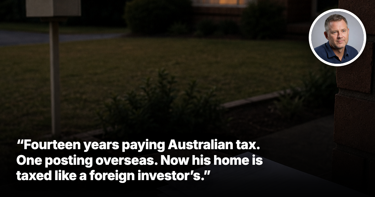 Modest Australian brick family home at dusk with plain unmarked envelopes and house keys on the porch step, representing a land tax reassessment letter