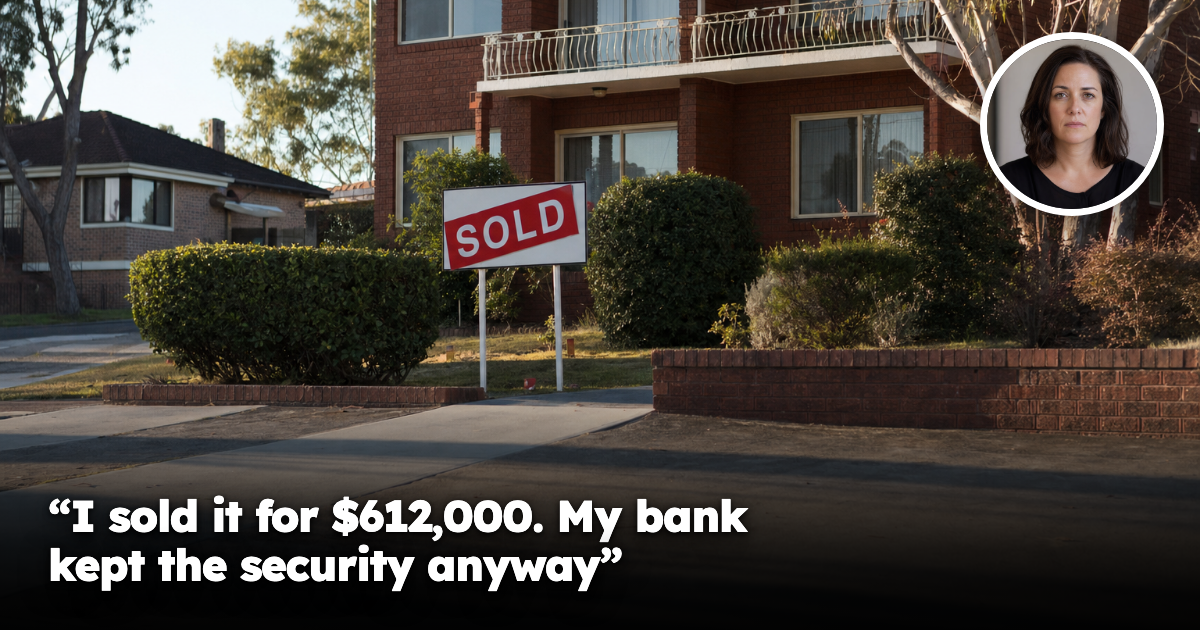 A modest low-rise brick unit block in an Australian suburb with a real estate SOLD sign standing in the front garden