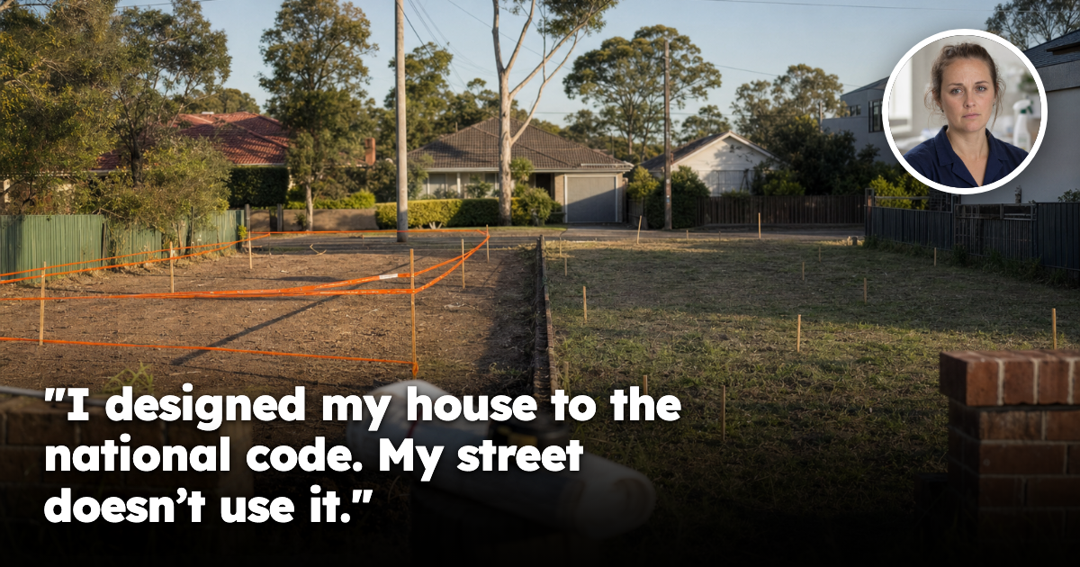 Two adjacent vacant Australian suburban house blocks with survey pegs and orange marker tape set at different distances from the side boundary