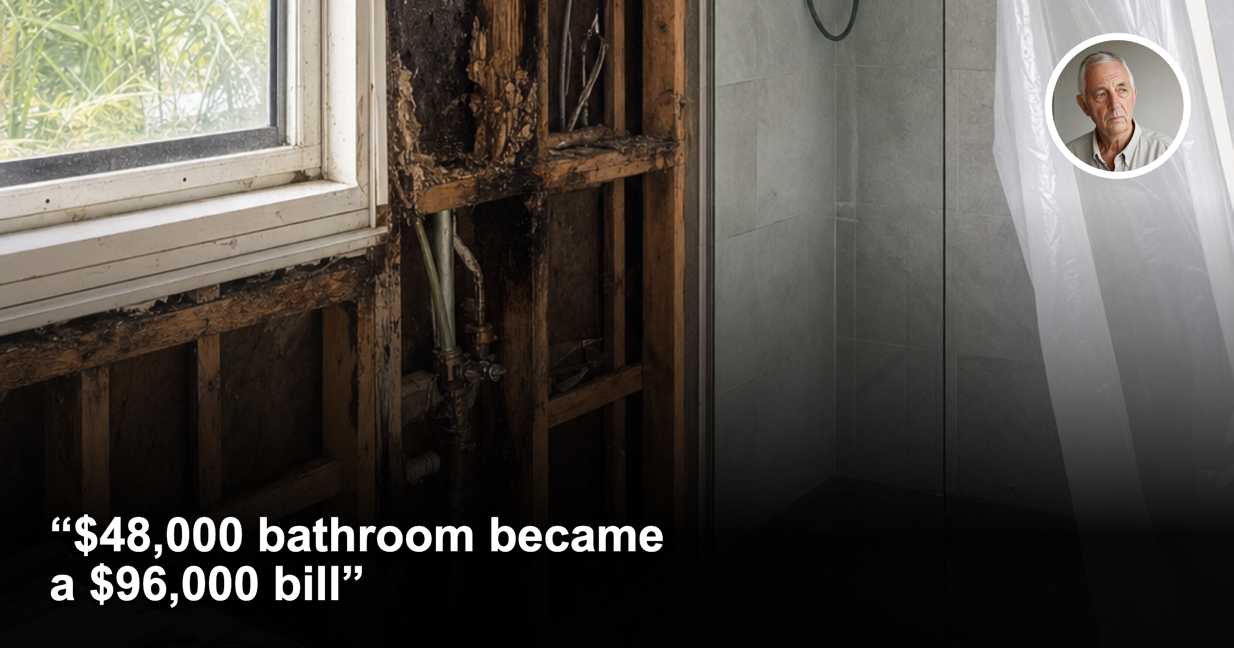 Australian bathroom renovation with exposed water damage and male headshot inset