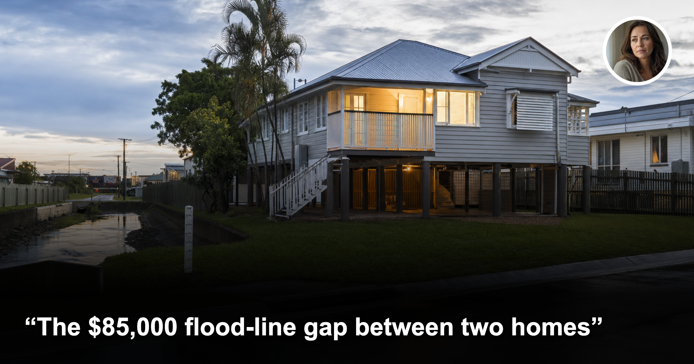 Elevated Australian suburban home after rain with female headshot inset