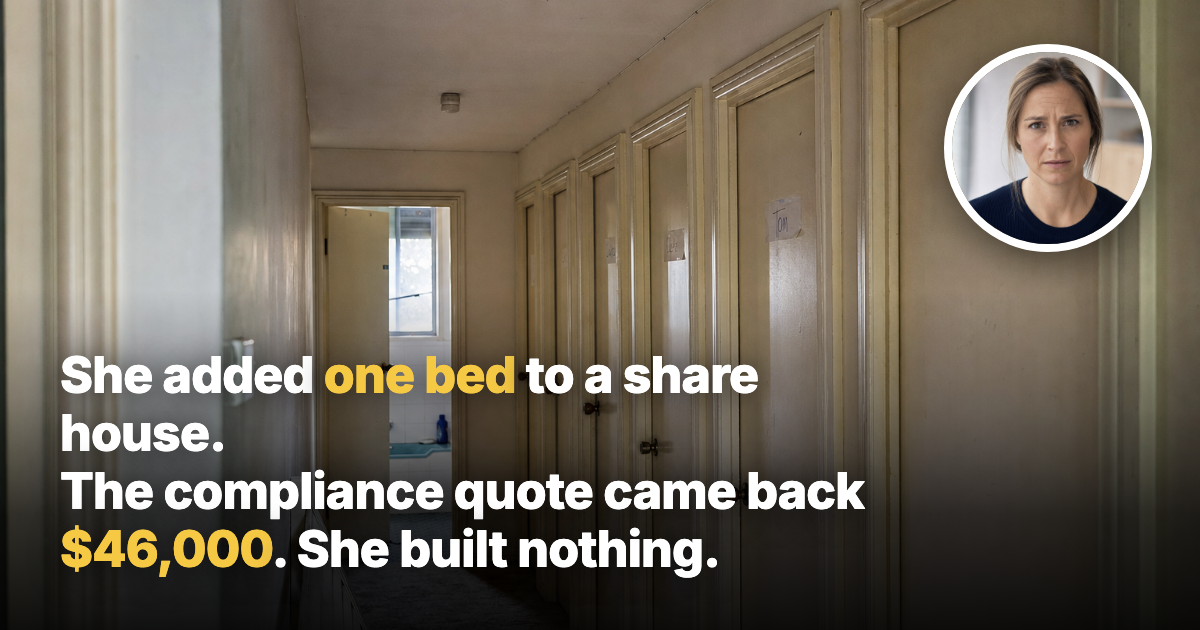 A narrow hallway of six closed bedroom doors in an older Australian share house, with a single shared bathroom at the end