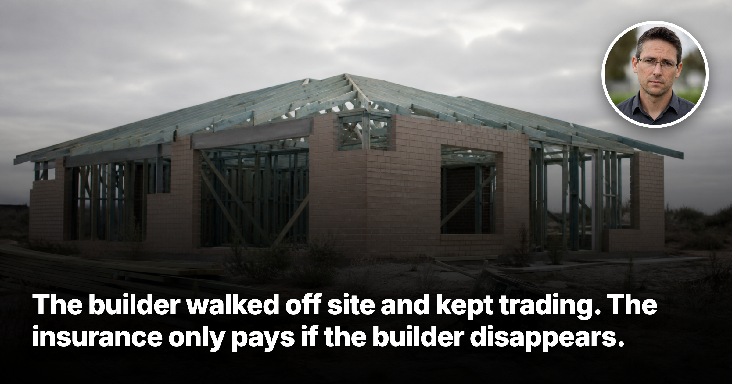An abandoned half-built suburban house at lock-up stage, roof trusses on and window openings empty, with building materials left scattered across the site
