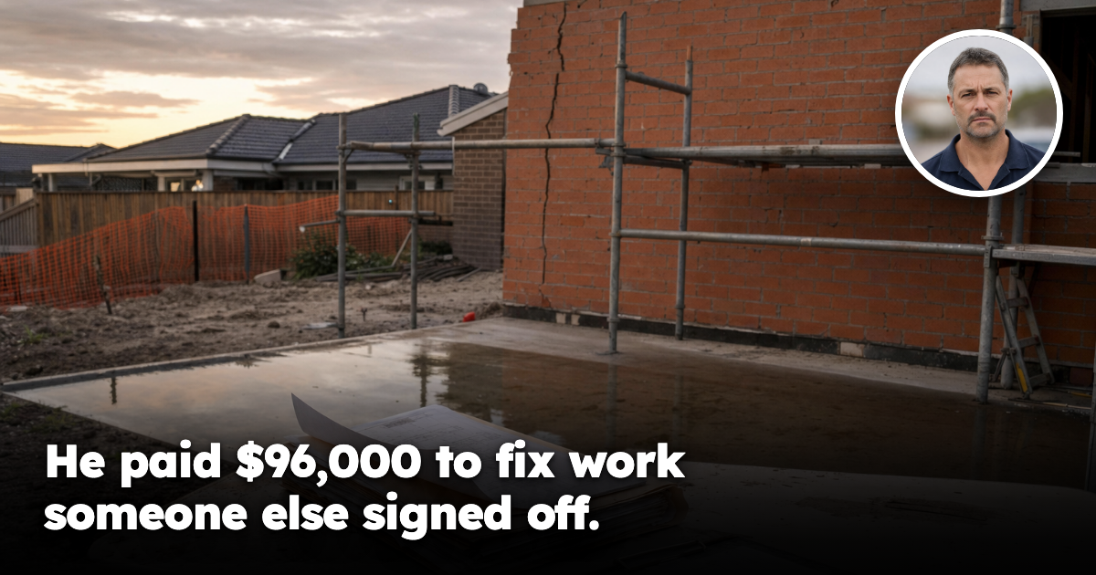 A partly-built brick house extension at dusk with scaffolding and a cracked rear wall, and a thick folder of stamped building approval documents open on a trestle table in the foreground