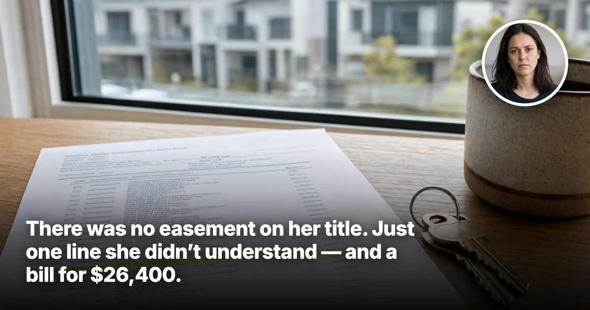 A property title search document on a table with one line highlighted, beside house keys