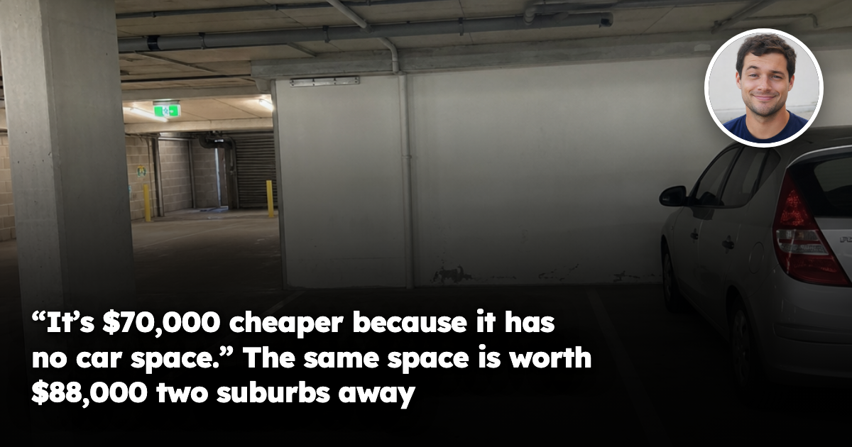 An ordinary residential underground car park under flat fluorescent light, showing two marked bays on grey concrete, one empty and one with a plain silver hatchback, beside concrete columns and ceiling pipes.