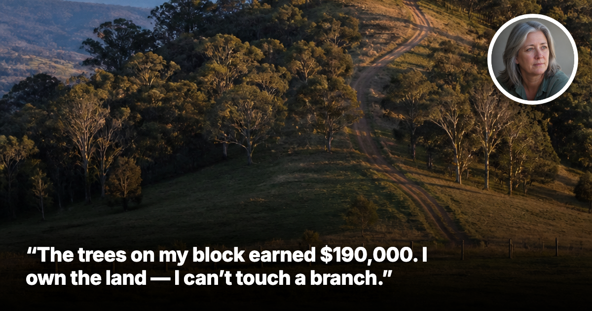 A grassy ridge of native eucalypt regrowth behind cleared pasture on an Australian rural block