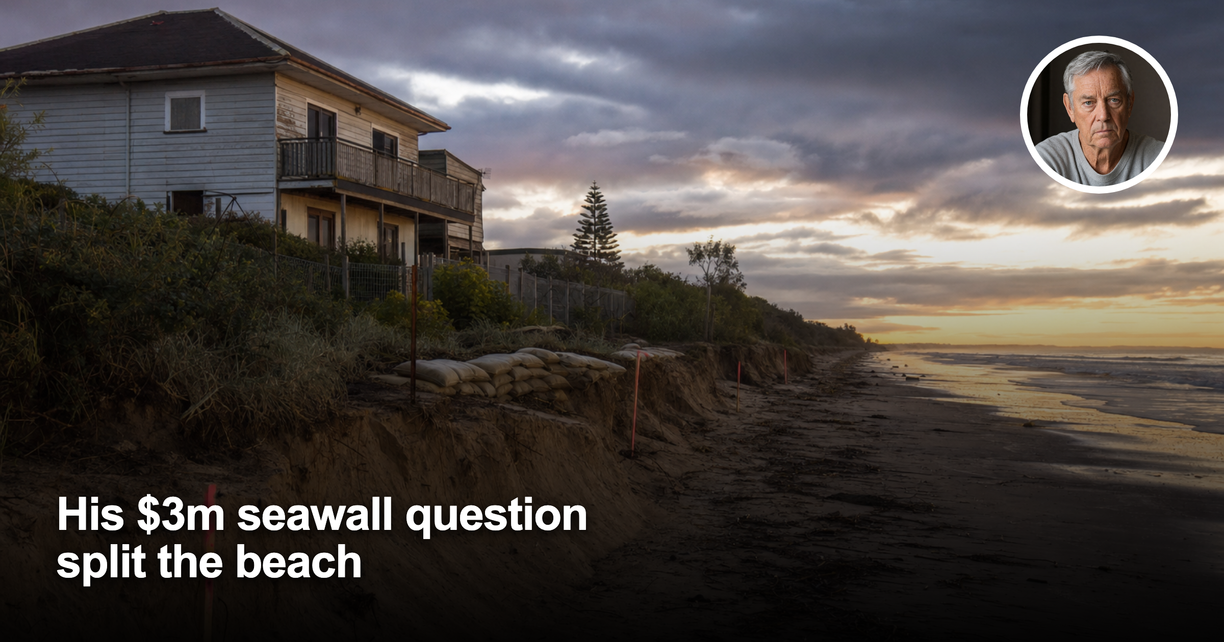 Eroded Australian beach beside a weathered coastal home with a concerned older man in a circular inset.