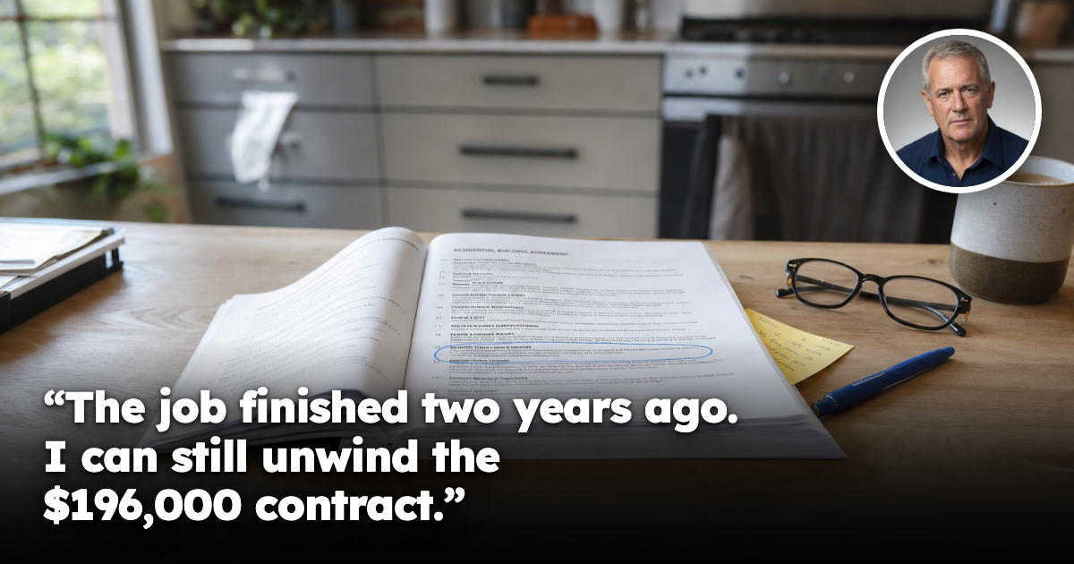An open residential building contract on a kitchen bench with one clause circled in blue pen