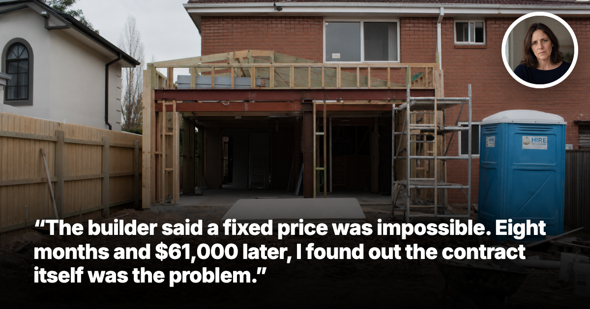 Rear extension renovation on a 1970s red-brick Australian house with exposed timber framing and scaffolding