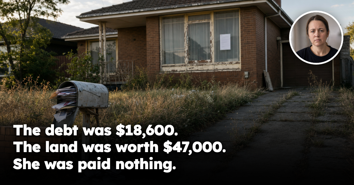 A rundown suburban brick house with an overflowing letterbox and an official notice taped inside the front window