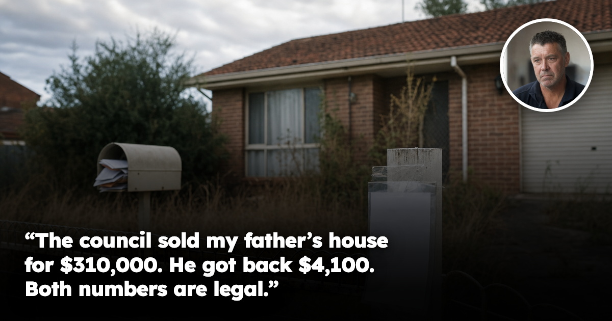 A neglected Australian suburban brick-and-tile house seen from the footpath on an overcast afternoon, with an official printed auction notice in a clear plastic sleeve taped to the front fence post, dry overgrown lawn, and a letterbox overflowing with unopened mail