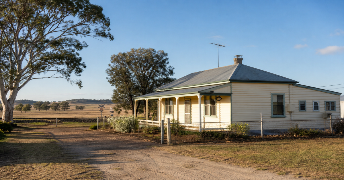 Modest weatherboard cottage in regional Australia with rail line in the distance