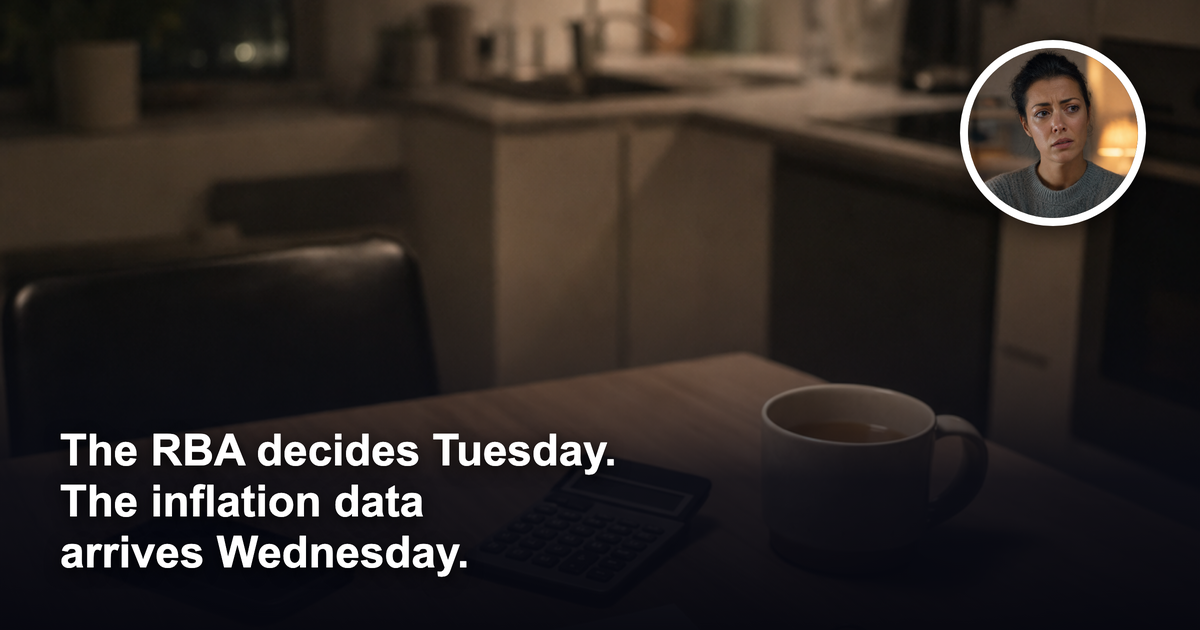A kitchen table at night with an unopened bank letter, a calculator and a mug beside a set of house keys