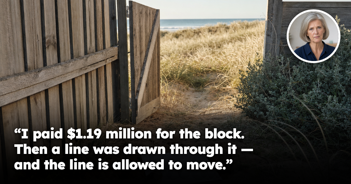 A timber back gate at a coastal home opening onto a grassy sand dune, with a survey plan lying on the sand