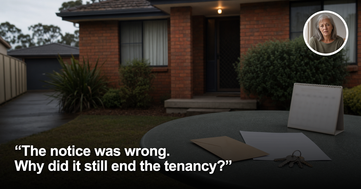 Australian brick rental home with tenancy notice, envelope and keys on an outdoor table