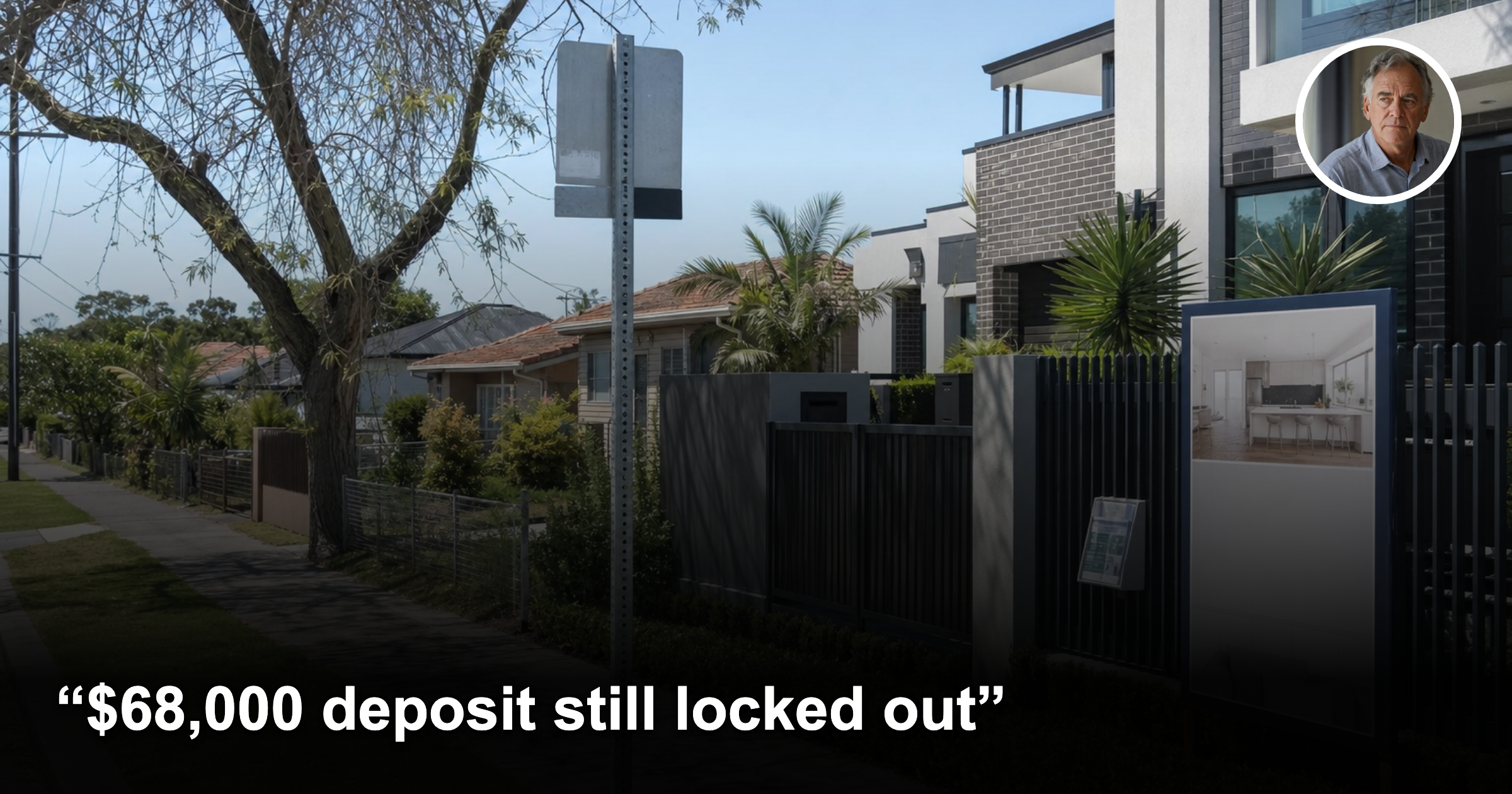 Australian suburban street divided by a boundary with a concerned male headshot inset