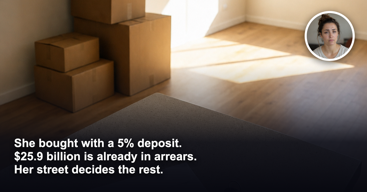 An empty living room in a newly purchased Australian home with unopened moving boxes, and house keys beside an unopened bank envelope on the kitchen bench