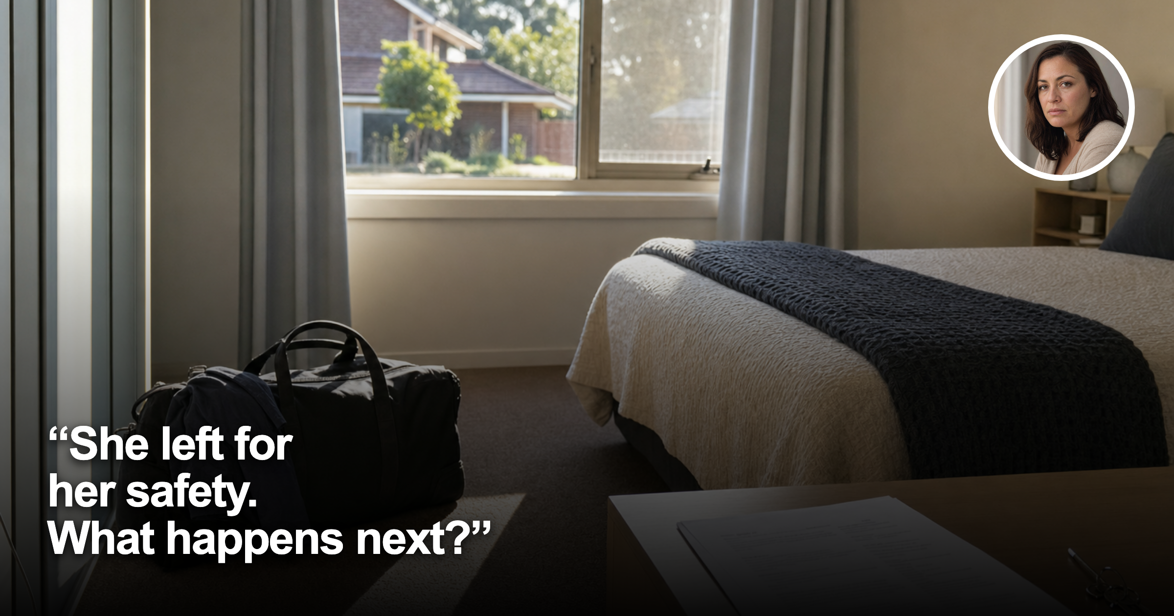Quiet Australian rental bedroom with packed bag and female headshot inset