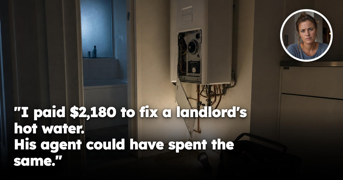 An open wall-mounted electric hot water system with its access panel removed at night, a puddle of water on the tiled floor below, a torch and a plumber toolbag and pipe wrench resting nearby