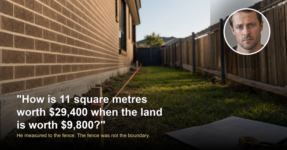 A surveyor's peg and string line marking the true boundary beside a garage wall and a timber fence