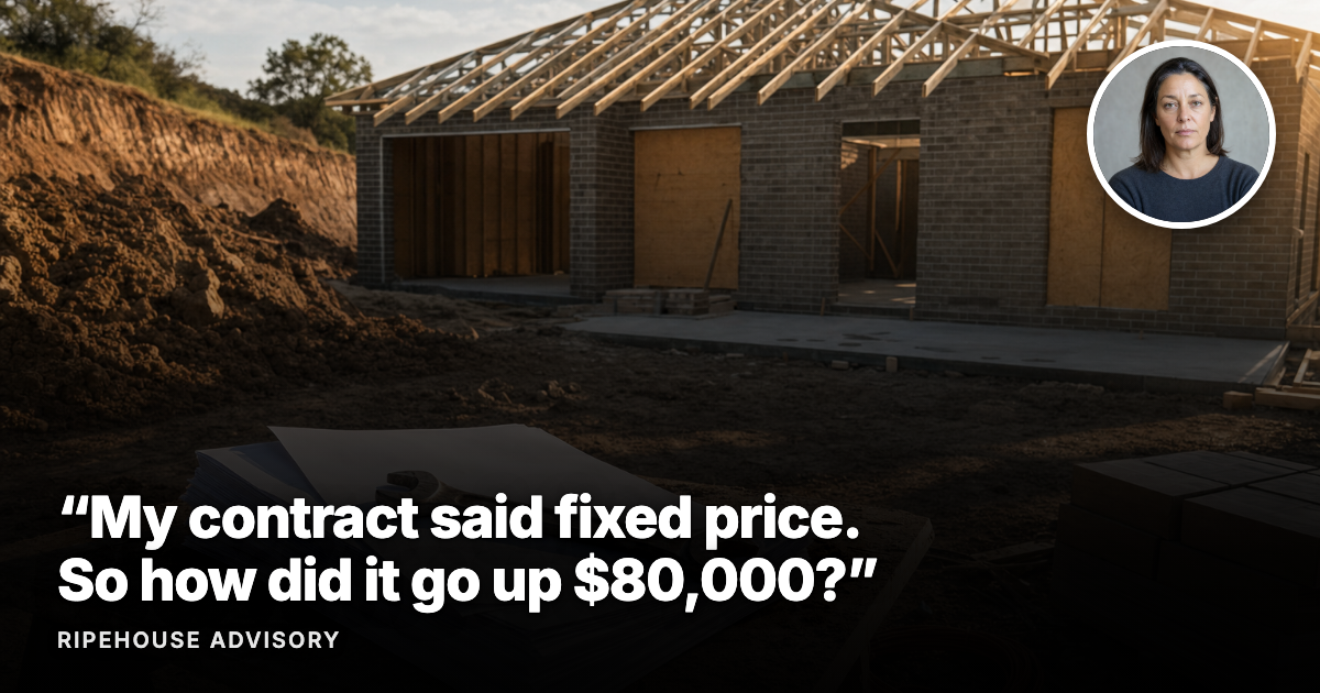 Unfinished Australian brick home at frame stage with a stack of building contract paperwork weighed down by a spanner in the foreground
