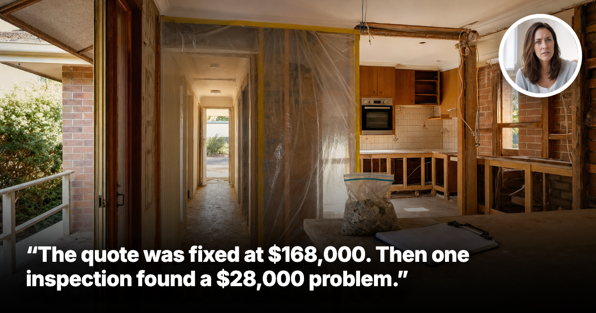 Partially stripped Australian suburban kitchen renovation with protective sheeting and demolition materials