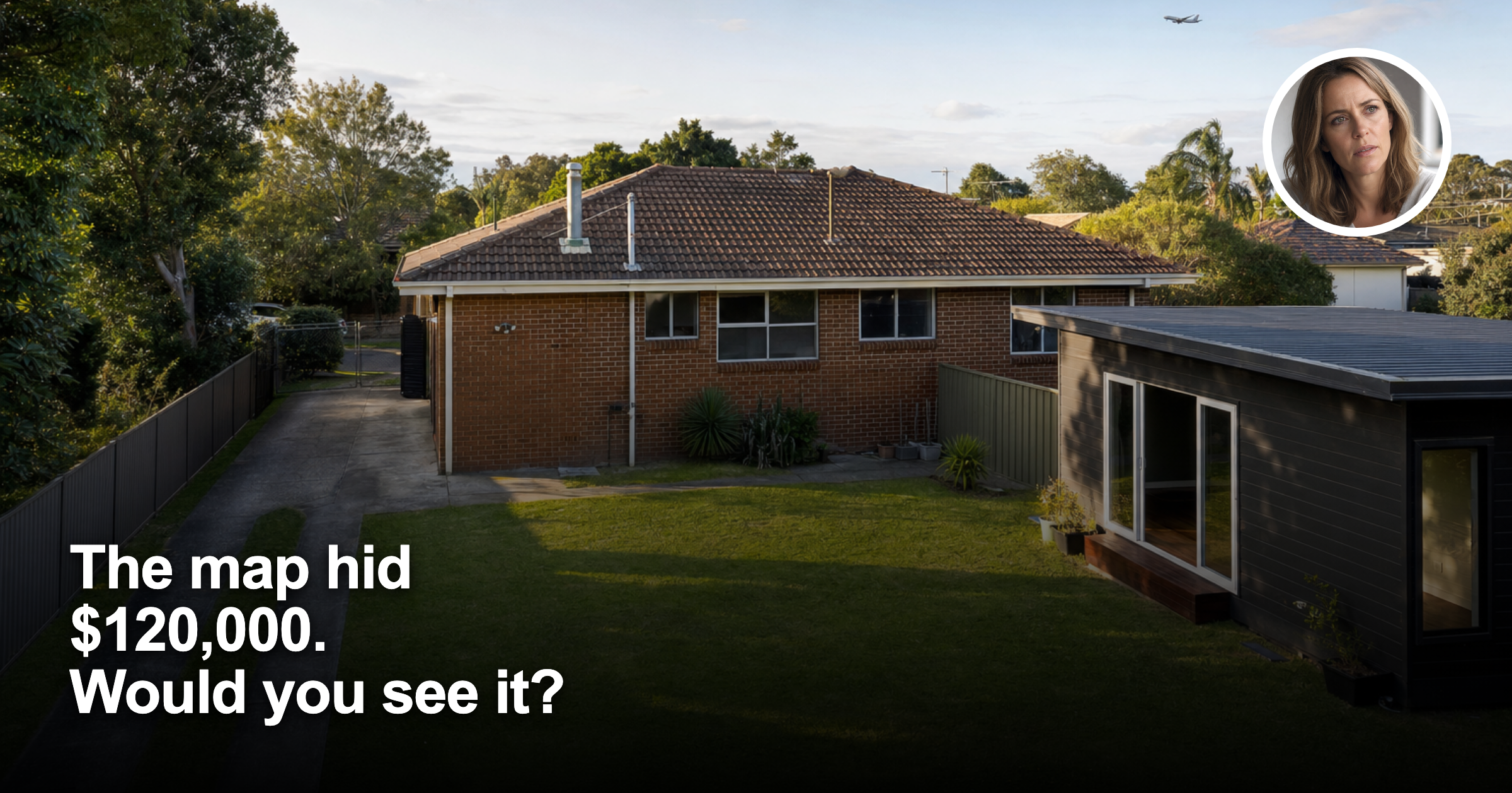 Australian suburban backyard near a flight path with female headshot inset