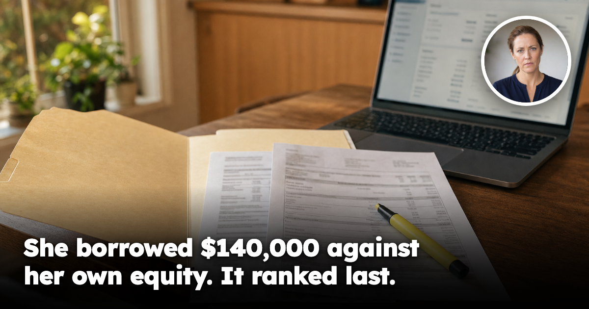 An open manila loan file and two overlapping paper loan statements with a highlighter across them on a kitchen table beside a laptop showing a blurred banking dashboard, in warm afternoon light