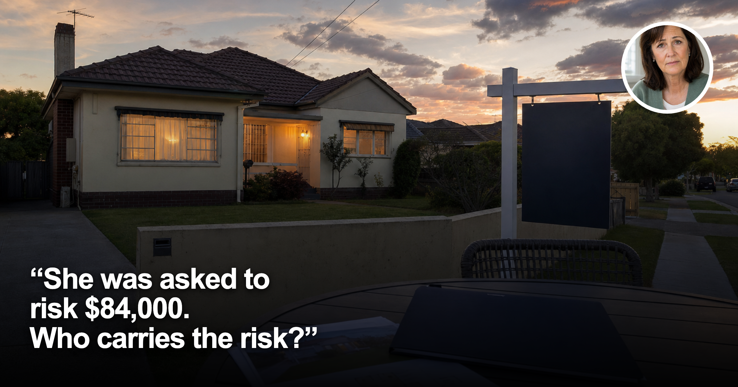 Australian suburban home and female grandparent headshot inset at dusk