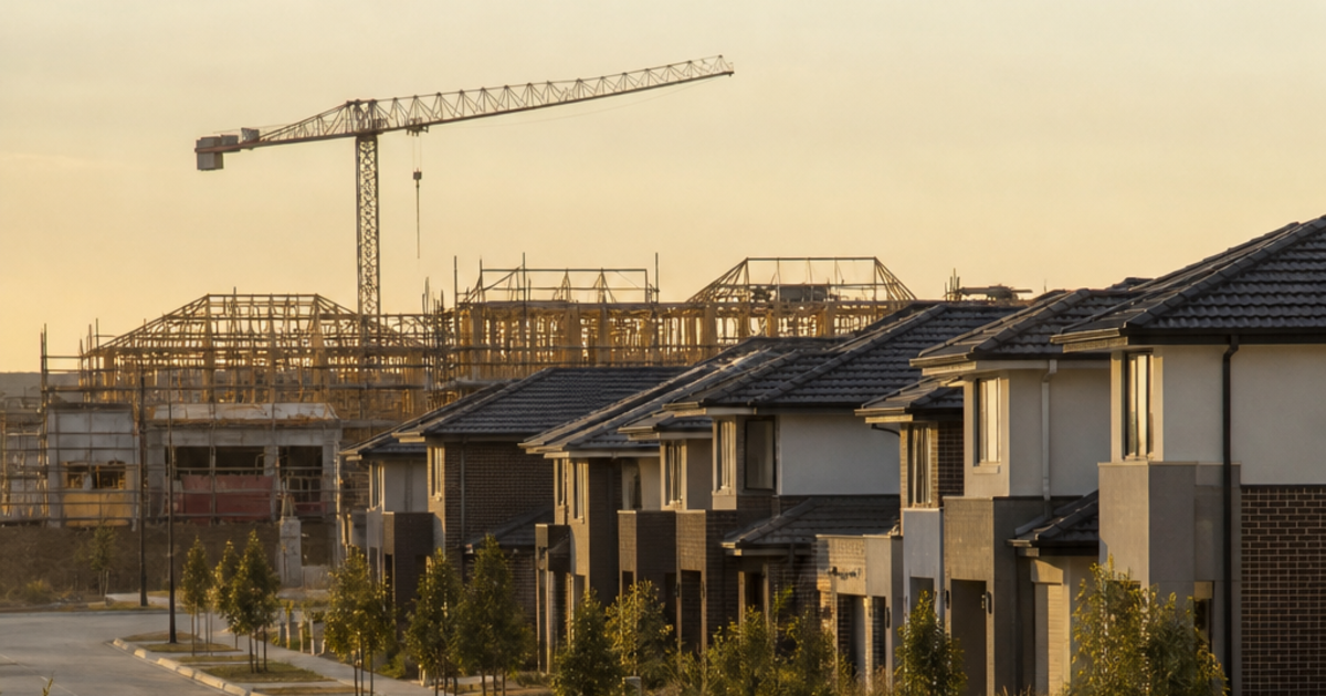 Australian outer-suburb growth corridor at sunrise with newly built homes and timber-framed houses under construction behind a tower crane