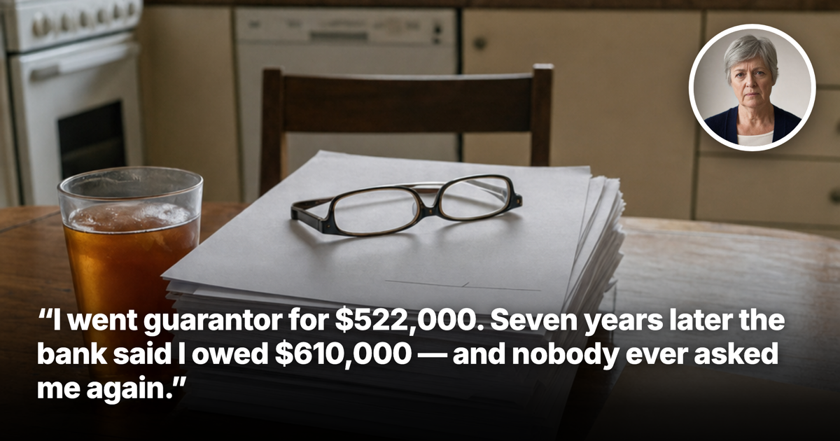 Loan and guarantee paperwork, reading glasses and house keys on a kitchen table in an older Australian home