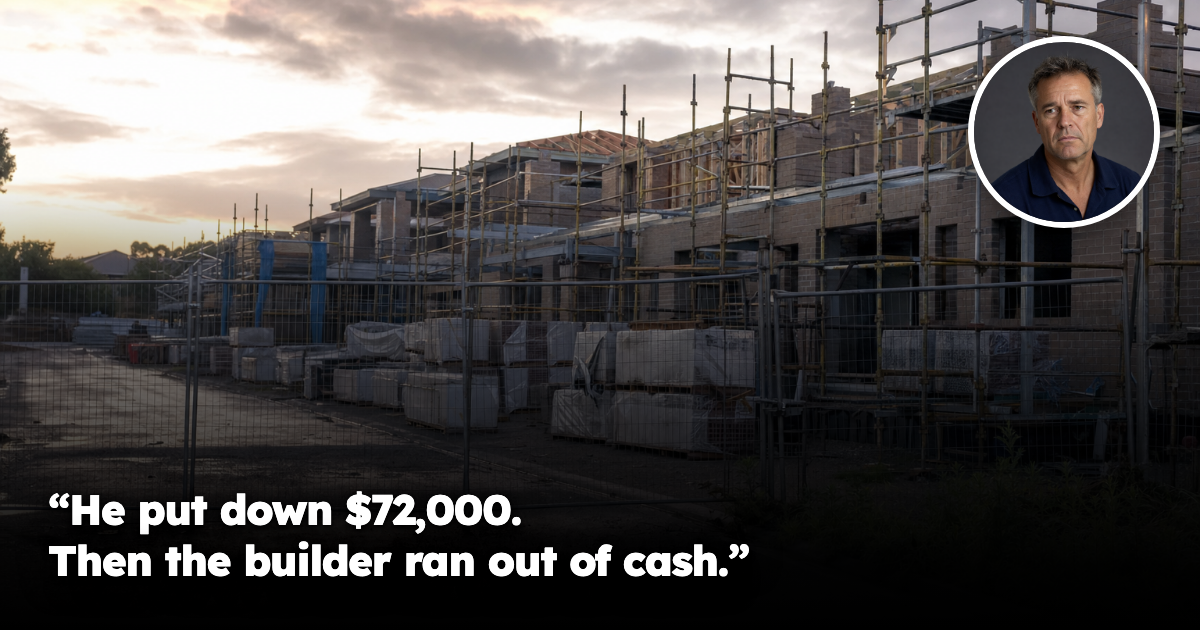 Unfinished Australian residential development with scaffolding and a concerned male buyer portrait inset