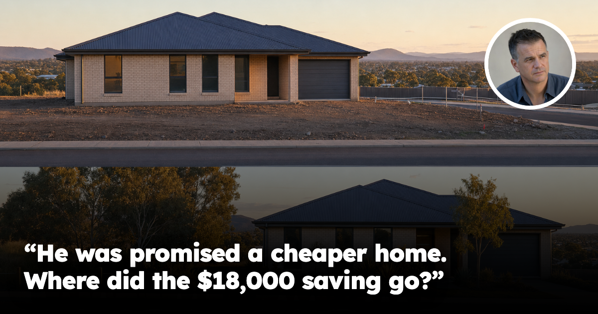 Australian new-build home at dusk with concerned male buyer headshot inset