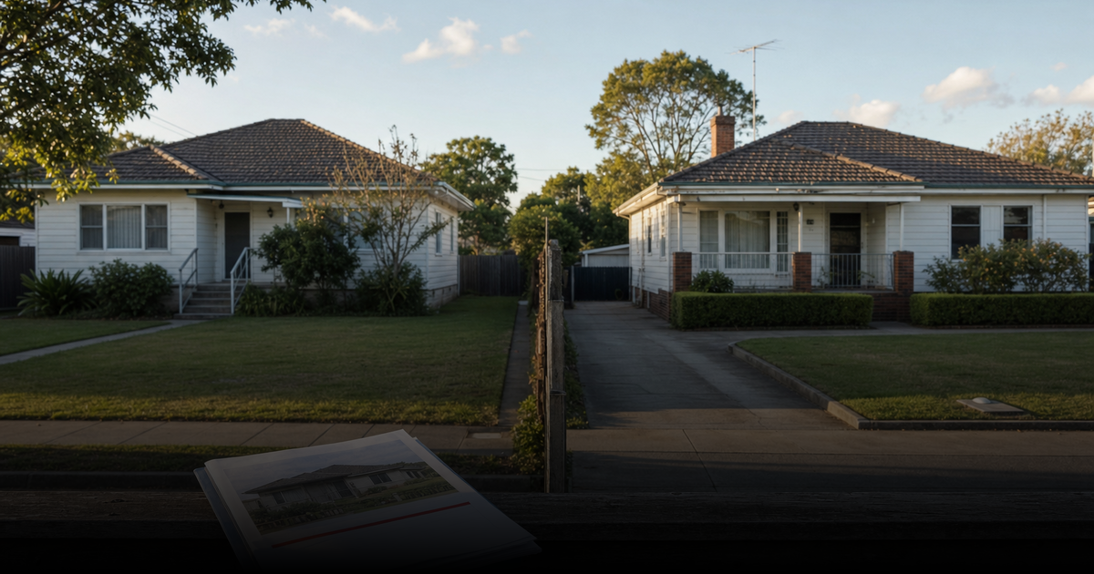 Two similar Australian suburban homes separated by a housing-policy price boundary, with a fictional buyer represented in a circular inset.