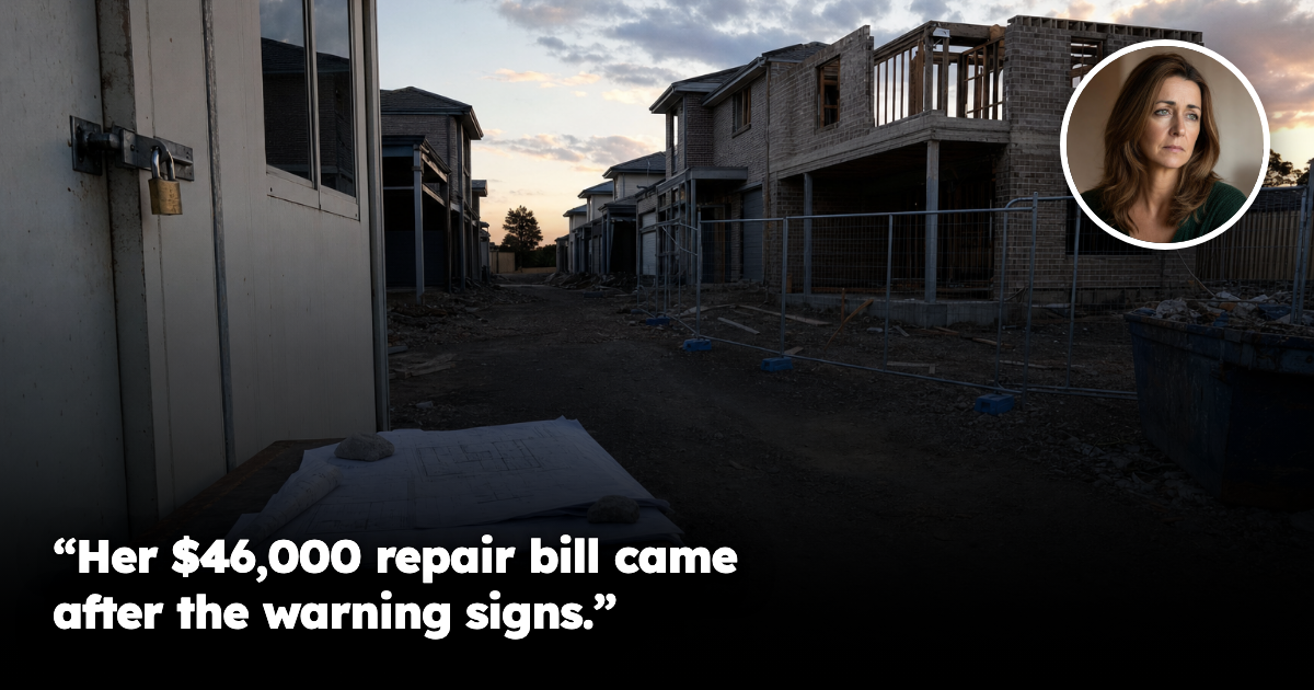 Australian townhouse construction site at dusk with female portrait inset