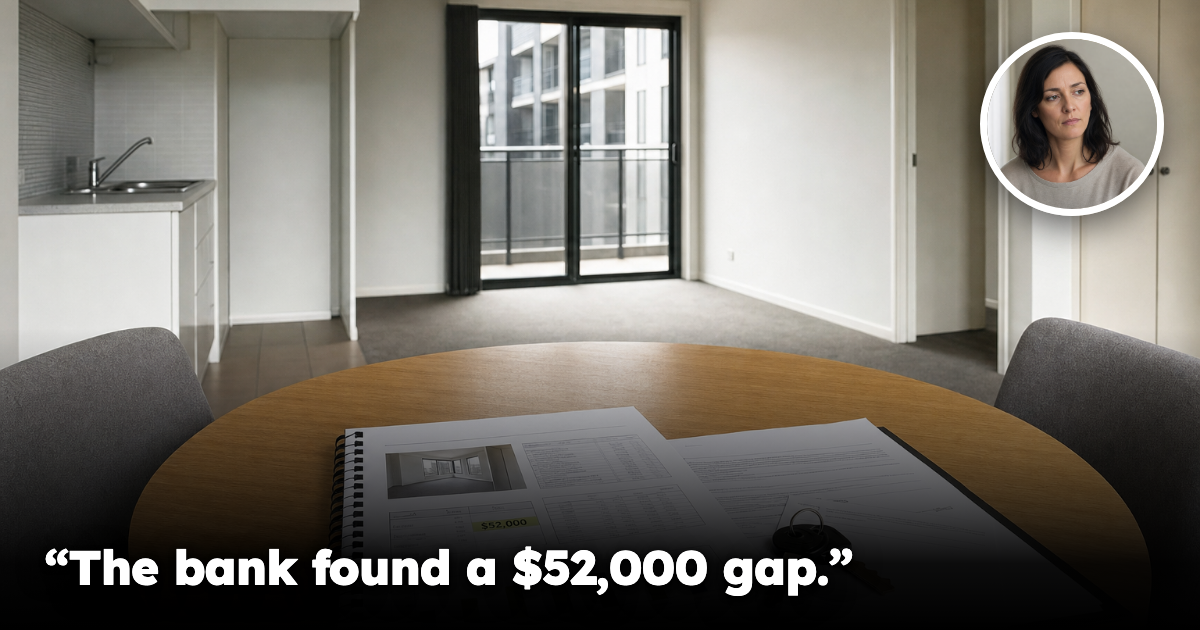 Australian apartment valuation papers, keys and a bank valuation gap on a dining table