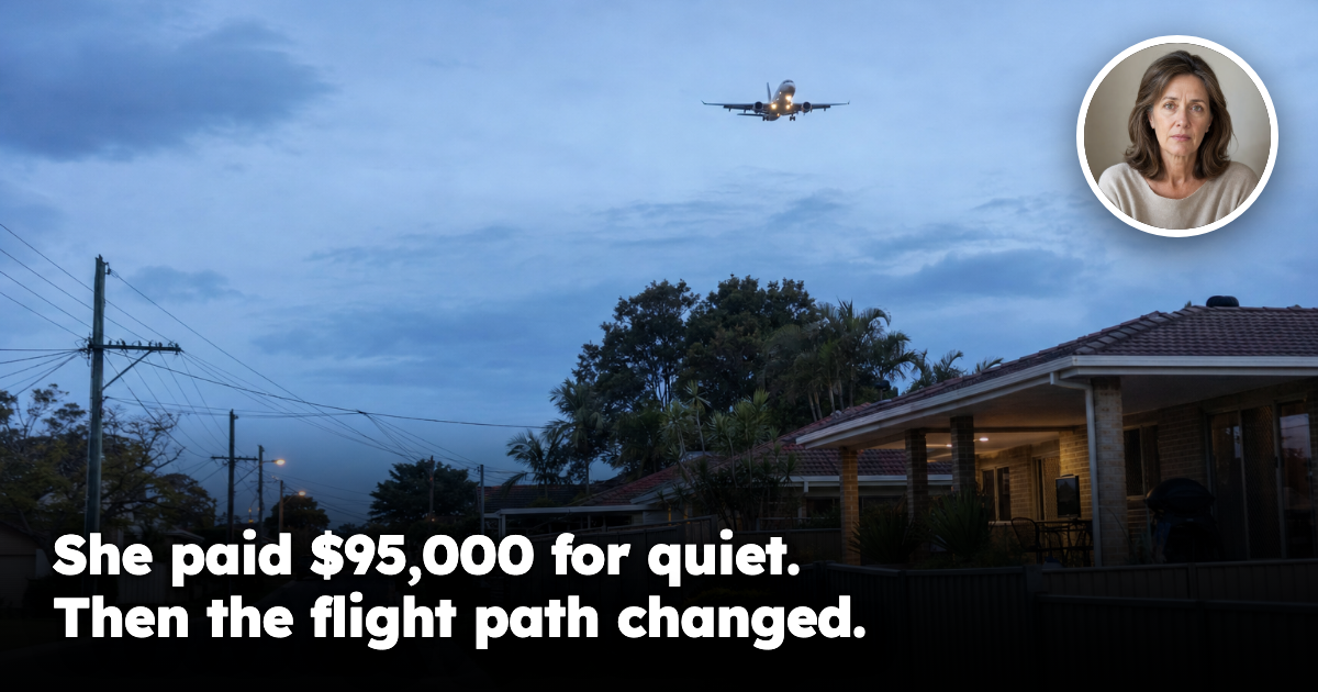 Empty Australian suburban street beneath a distant aircraft approach corridor