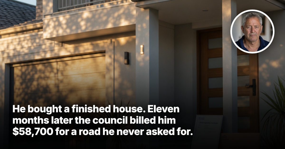 A newly completed suburban house at golden hour with a council inspection certificate and keys on the front step