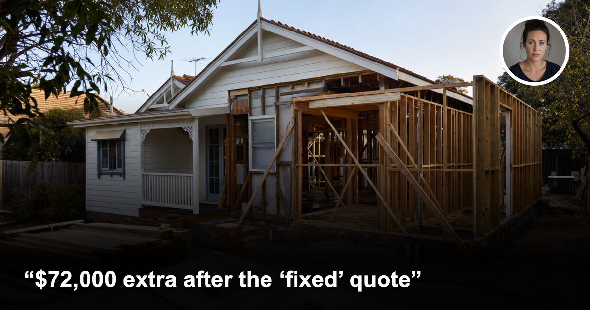 Australian weatherboard house renovation with female headshot inset