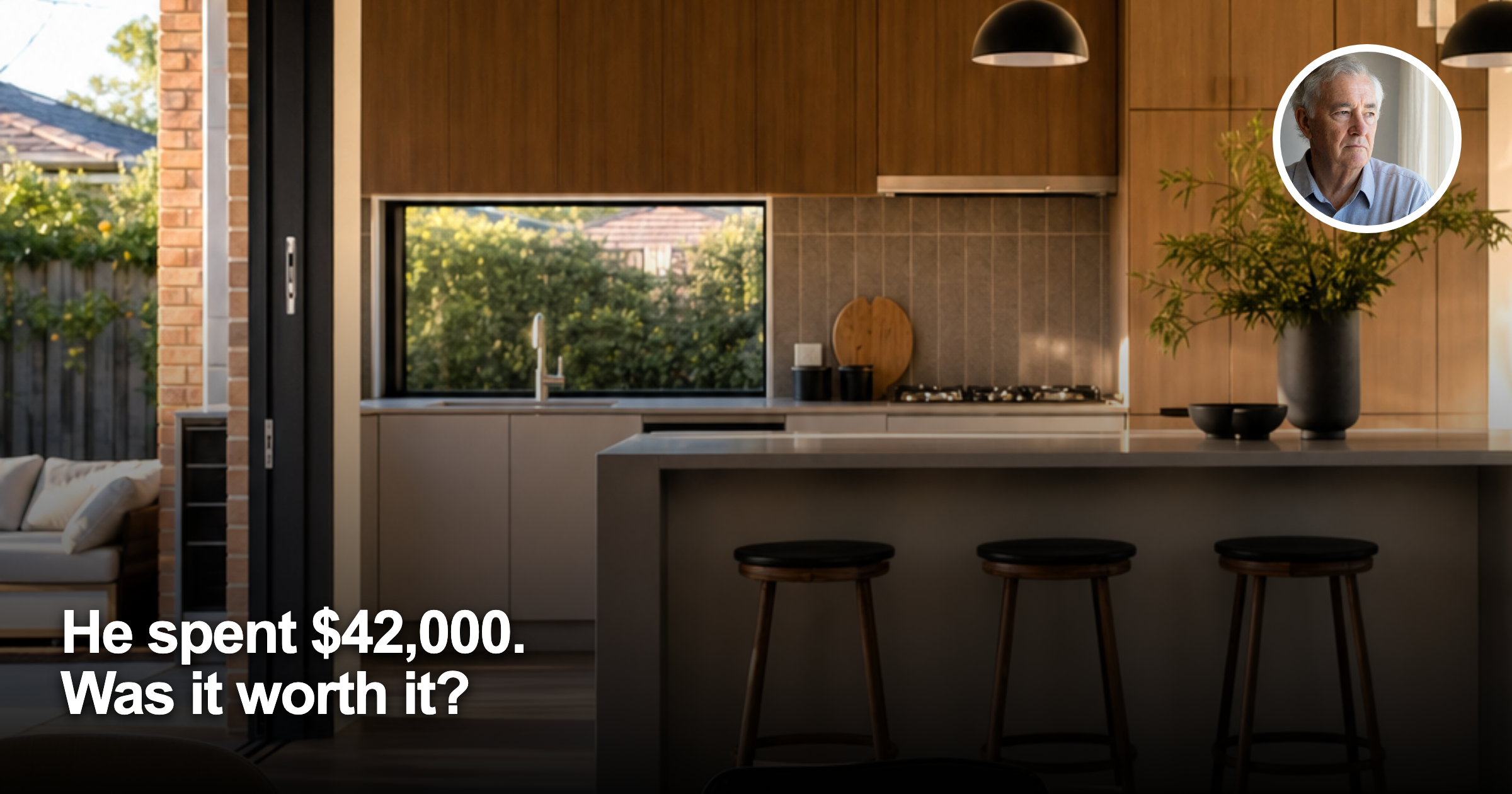 Renovated Australian suburban kitchen with male homeowner headshot inset