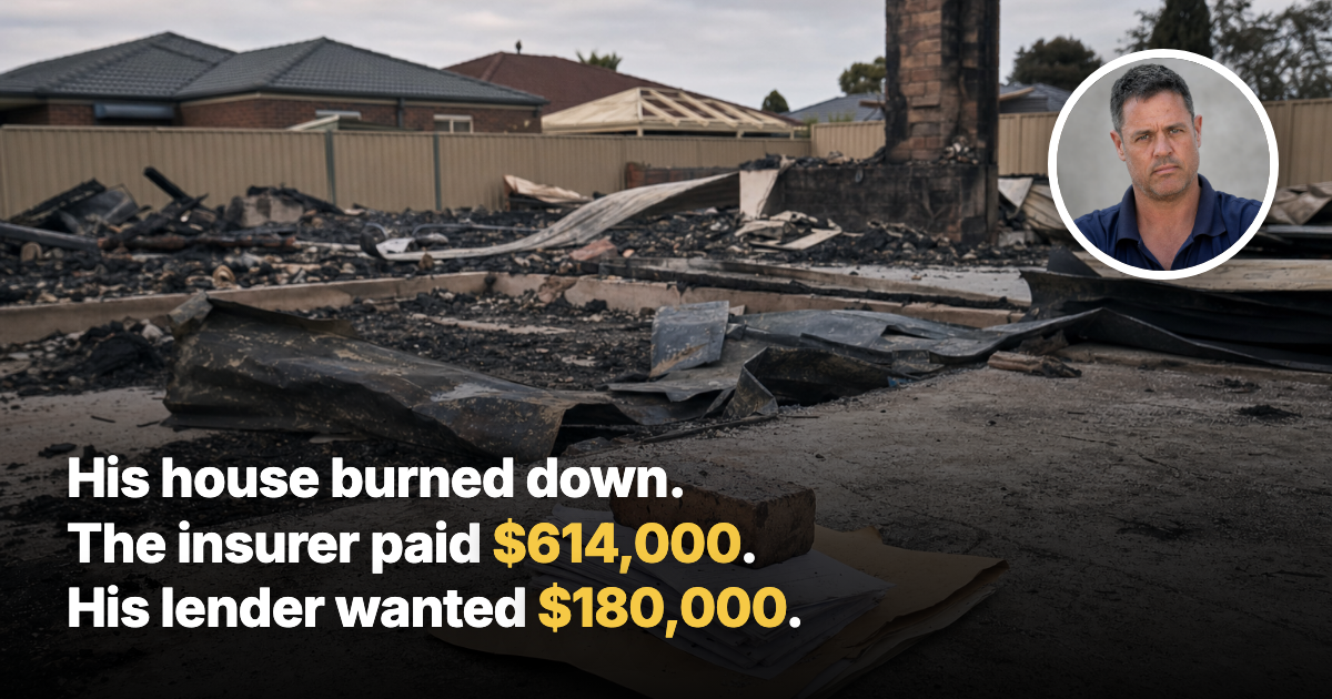 Burnt-out concrete slab of a destroyed Australian suburban house with a stack of loan paperwork weighted by a brick in the foreground