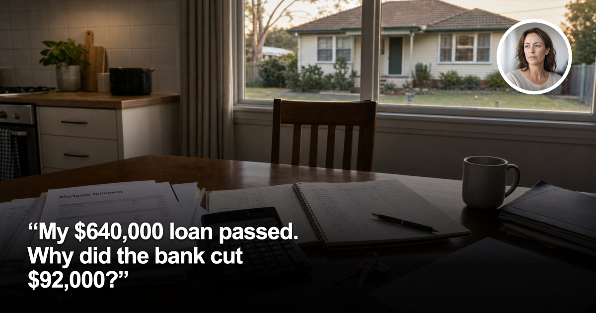 Mortgage paperwork, calculator and Australian investment house with female headshot inset