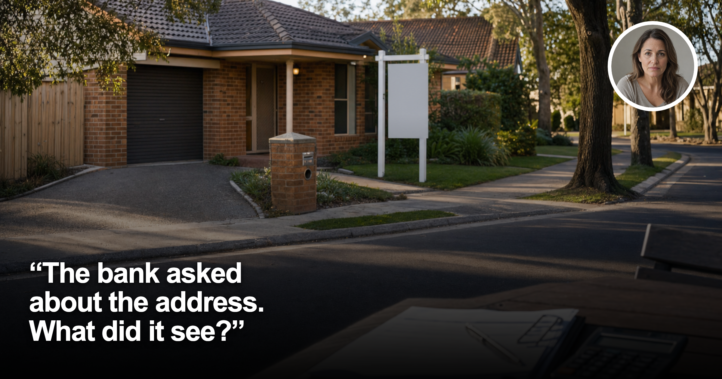 Australian suburban investment property with female borrower headshot inset