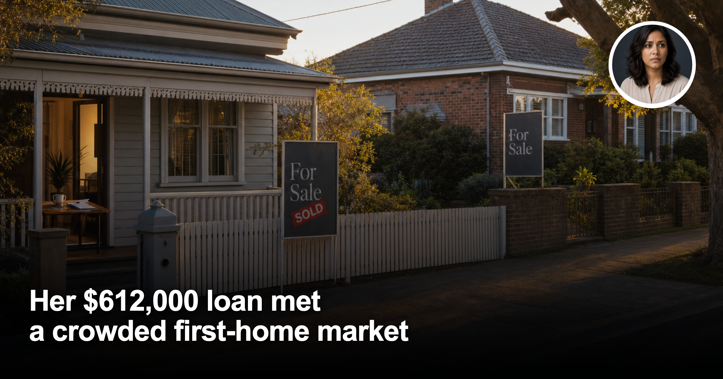 Two Australian suburban homes and a fictional female buyer represented in a circular inset, illustrating competing property finance paths.