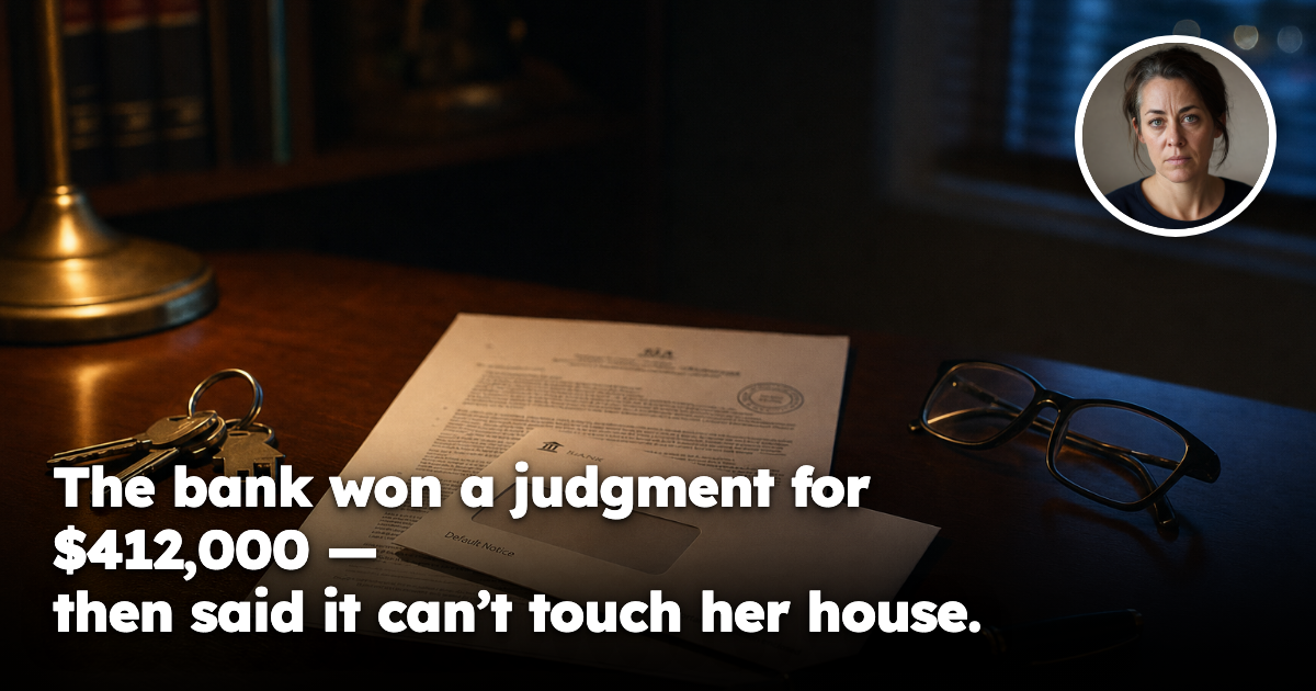 A solicitor’s desk at dusk with a stamped court document, a bank default notice envelope, reading glasses and a set of house keys
