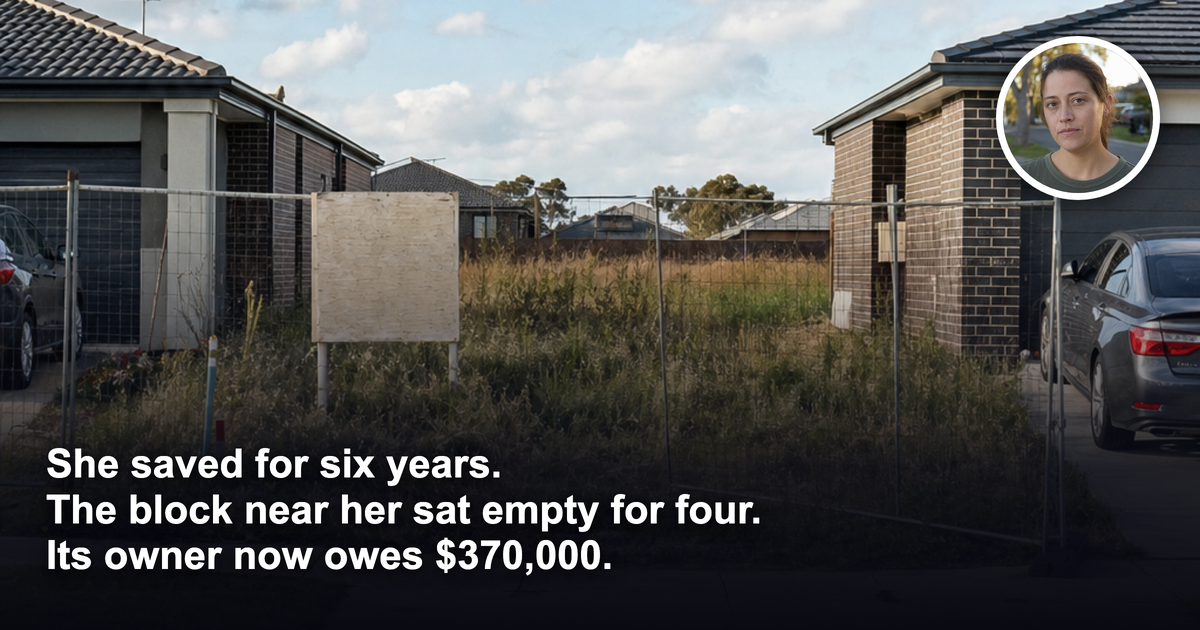 A fenced vacant residential block overgrown with dry grass between two completed brick homes on an Australian suburban street