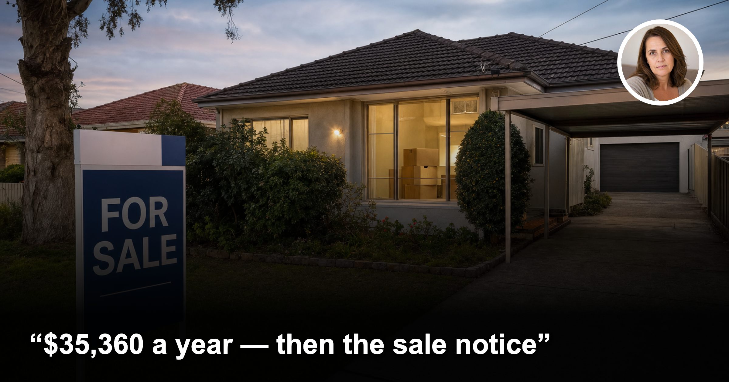 Australian rental house with for sale sign and female headshot inset