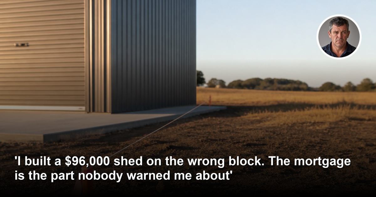 An orange surveyor's boundary peg and white string line in the foreground of a cleared block, with a new steel shed behind it